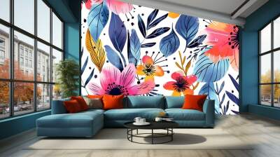 Vibrant floral pattern with colorful abstract flowers and leaves on a white background suitable for spring and summer designs  Wall mural