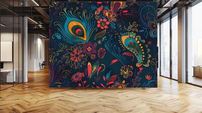 Vibrant seamless pattern featuring peacock feathers and floral elements on a dark background suitable for textiles and wallpapers  Wall mural