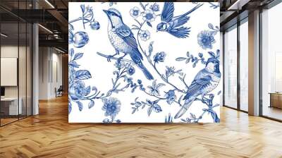 Vintage blue and white seamless pattern with birds and floral designs, perfect for elegant textiles and wallpapers  Wall mural