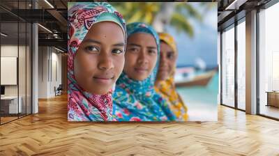 Women of Maldives. Women of the World. Three women in colorful hijabs with a serene beach backdrop, showcasing cultural diversity and beauty.  #wotw Wall mural