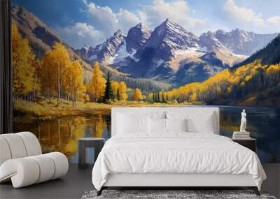 work colorado rockies in fall the rugged peaks o. A breathtaking autumn landscape showcasing vibrant golden trees reflecting in a serene lake, framed  Wall mural