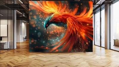 Work resilience. A phoenix rising from the ashes. A vibrant and artistic depiction of a phoenix emerging, showcasing its fiery orange and white feather Wall mural