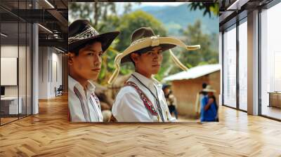 Young men of Colombia. Colombian men.Two young men dressed in traditional outfits with wide-brimmed hats posing confidently outdoors.  Wall mural