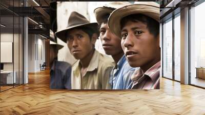 Young men of Guatemala. Guatemalan men.A group of indigenous men and boys wearing traditional hats pose for a candid portrait in a rural setting.  Wall mural