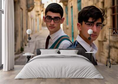 Young men of Malta. Maltese men.Two young men in smart casual attire with glasses posing confidently on a cobblestone street with historic buildings in the background. Wall mural