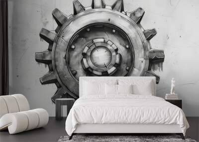 Detailed Gear Drawing in Engraving Style Wall mural