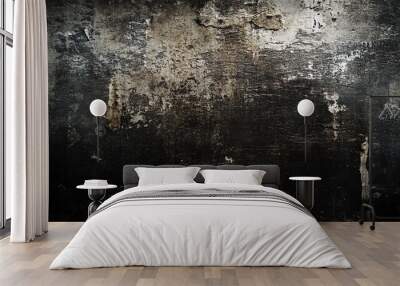 Grunge textured dark black wall with cracked and peeling paint. Wall mural