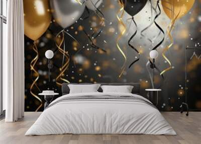 Floating silver, gold, and black balloons and confetti background for graduation, anniversary, or birthday, with room for copy space Wall mural