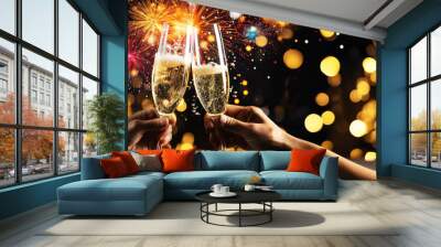 Toasting the new year with champagne glasses with fireworks in background Wall mural