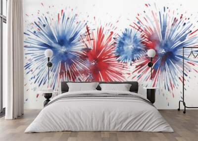 Watercolor illustration of a red and blue fireworks display on white background, clip art Wall mural