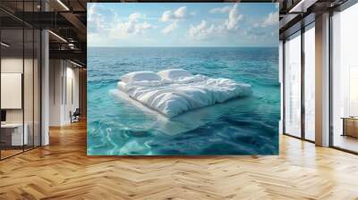 Double bed floating in middle of water, elegant bed linen, blue tropical sea all around , vacations or honeymoon concept, Generative AI  Wall mural