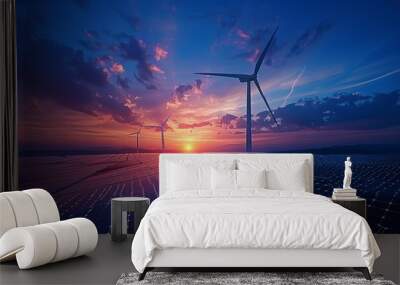 Windmill wind turbine and solar cell panel on blue sky at sunset , renewable electricity energy concept, Generative AI  Wall mural