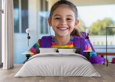 A happy young girl child wearing colorful rainbow shirt and backpack Wall mural