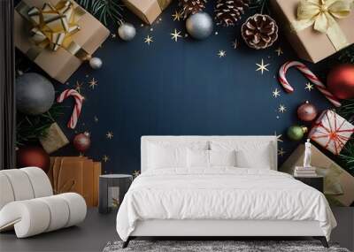 christmas background with gift box and balls Wall mural