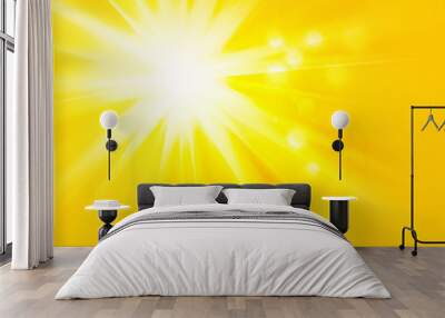 White shining star bursting  with a flare effect against bright yellow field. Asymmetric abstract background. Wall mural