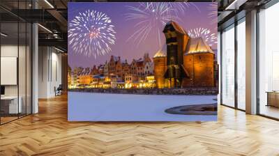 Happy New Year fireworks.Winter scenery in Gdansk at night, Poland, Europe. Wall mural