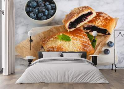 Traditional polish yeast cake with blueberries (jagodzianka). Wall mural