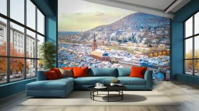 Aerial view of Heidelberg town and Neckar river in winter with snow from the castle in the Baden-Wurttemberg region of southwest Black Forest in Germany during winter Christmas time Wall mural