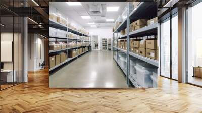 a large warehouse filled with lots of shelves filled with boxes  Wall mural