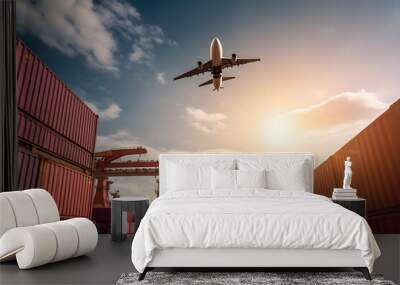 airplane flying above container logistic cargo and shipping business container ship for import and export logistic logistic industry from port to port container at harbor for truck transport Wall mural