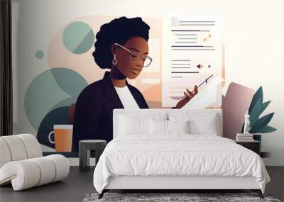 Flat vector illustration Accountant, black woman working on laptop making documents, taxes, exchange, bookkeeping and financial advisor concept Wall mural