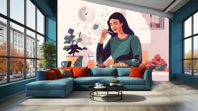 Flat vector illustration Beautiful smiling woman eating healthy food looking at camera at home. Wall mural