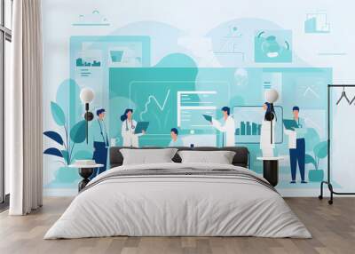 Flat vector illustration Doctors, nurses and team working on tablet for hospital management, data analysis and research support. Clinical outcomes, workflow planning and healthcare professionals, wome Wall mural