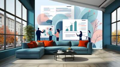 flat vector illustration graph, tablet or business people in meeting planning kpi, strategy or data  Wall mural