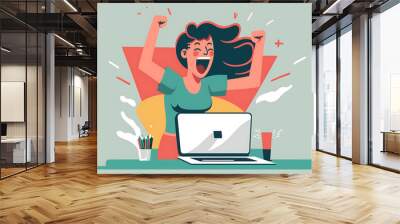 Flat vector illustration Happy young excited female student looking at winner on laptop, receiving good news by email, celebrating achievement, winning online  Wall mural