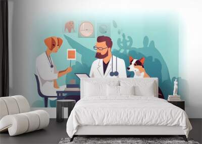 Flat vector illustration jack russell terrier and veterinarians behin Wall mural