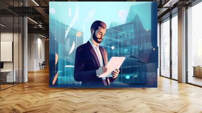 Flat vector illustration Portrait of successful businessman using digital tablet in front of modern business building Wall mural