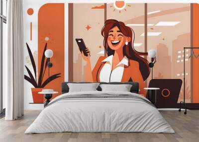 Flat vector illustration Smiling young professional businesswoman, happy business executive holding cellular smartphone working in office and using mobile app, mobile phone technology device pointing  Wall mural