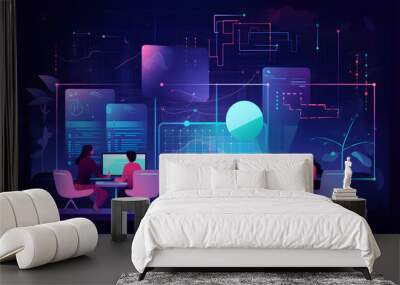 Flat vector illustration Teamwork, laptop hologram and success of people in data analysis, cyber security research and cloud computing. Coding, programming and developers women or group working with s Wall mural