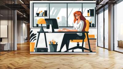 Flat vector illustration Young happy beautiful businesswoman sitting at desk and working on laptop. Smiling professional female designer or student using computer e-learning in corporate or coworking  Wall mural