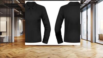 Blank black polo long sleeve shirt template. Front and back views. Vector illustration. Wall mural