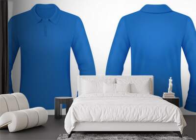 Blank blue polo long sleeve shirt template. Front and back views. Vector illustration. Wall mural