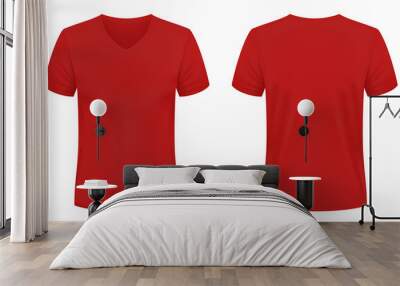 Blank red V-neck t-shirt template. Front and back views. Vector illustration. Wall mural