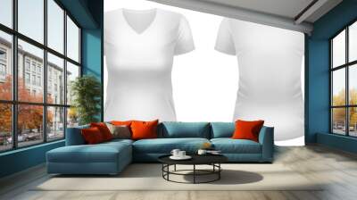 Blank white V-neck t-shirt template. Front and back views. Vector illustration. Wall mural