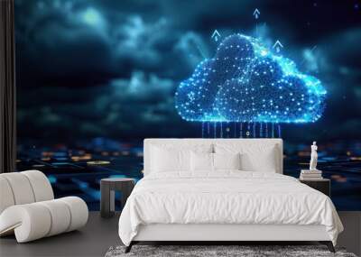 Abstract digital cloud with arrows up and down and dollar coins tower. Wall mural