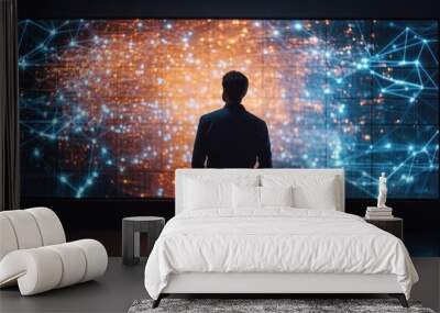 Man Gazing at Digital Network Visualization Wall mural