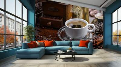 Black coffee on an old background in a cup Wall mural