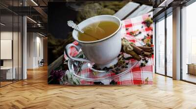 Tea hot drink on old background in composition on the table Wall mural