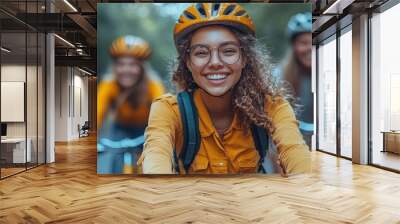 Happy Woman in Yellow Cycling in Nature Wall mural