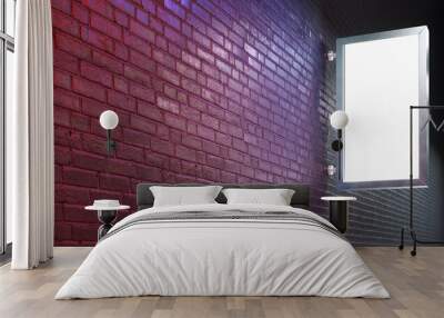 city light mockup on the black brick wall illuminated by red and blue light. 3d illustration Wall mural