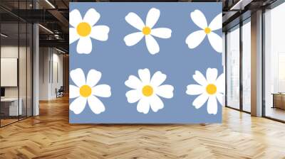 A cheerful pattern of white daisy illustrations with golden centers, scattered across a soothing blue background, invoking a sense of spring. Wall mural