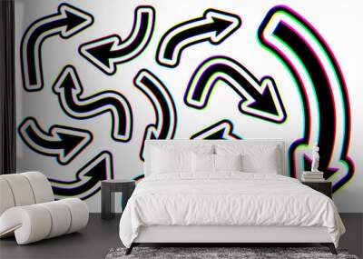 A collection of various black hand-drawn arrows with a colorful glitch effect. The arrows vary in size and direction, adding a dynamic, artistic touch to digital projects and designs. Wall mural