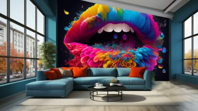 Big colorful surreal lips with rainbow paints. AI generative. Wall mural