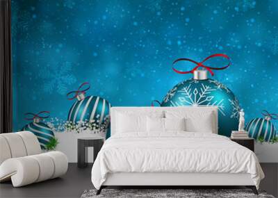 Blue winter background with christmas balls. Wall mural