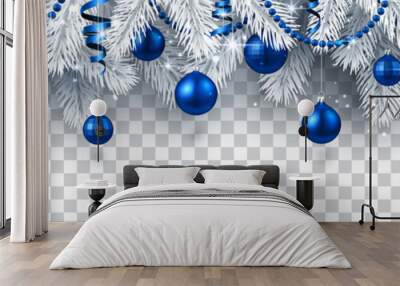 Christmas and New Year banner with fir branches and blue Christmas balls on transparent background. Wall mural