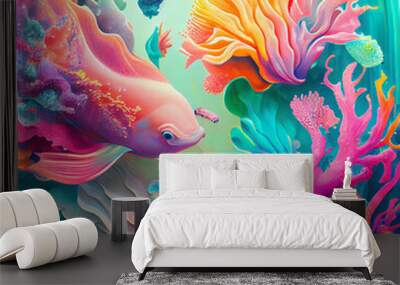 Colorful fish underwater with corals. AI generative. Wall mural